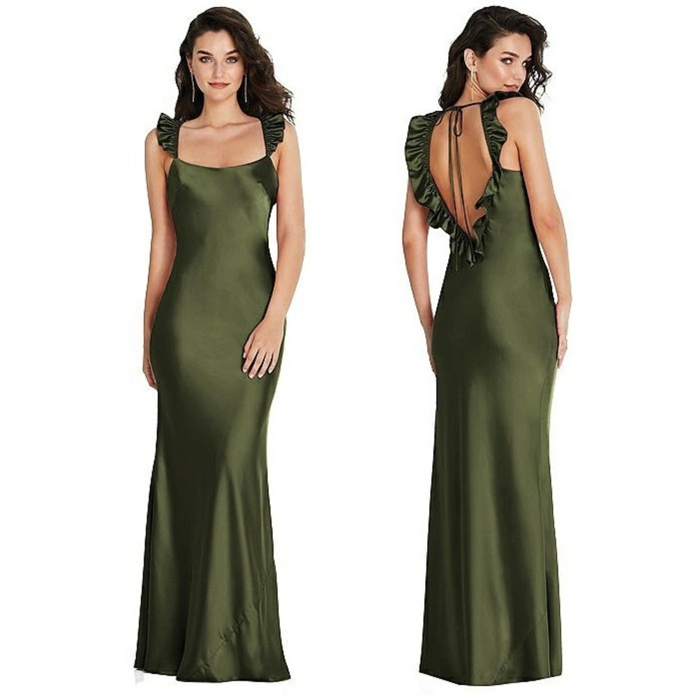 Social Bridesmaids Olive Green Satin Ruffle Flutter‎ Sleeve Maxi Dress XS 8219